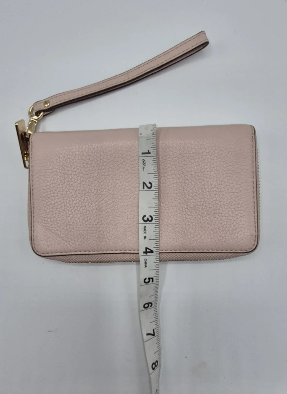 Michael Kors Pale Pink Pebbled Leather Wristlet Zip Wallet with Gold Hardware